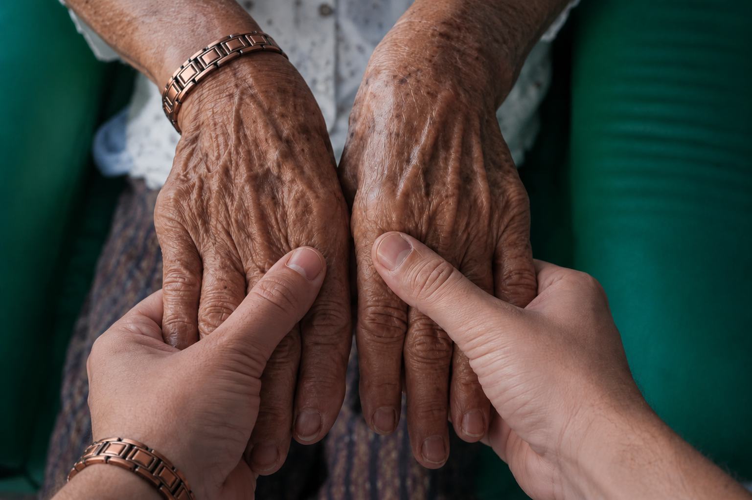 Mani mature con bracciale in rame, sollievo naturale per articolazioni e rigidità